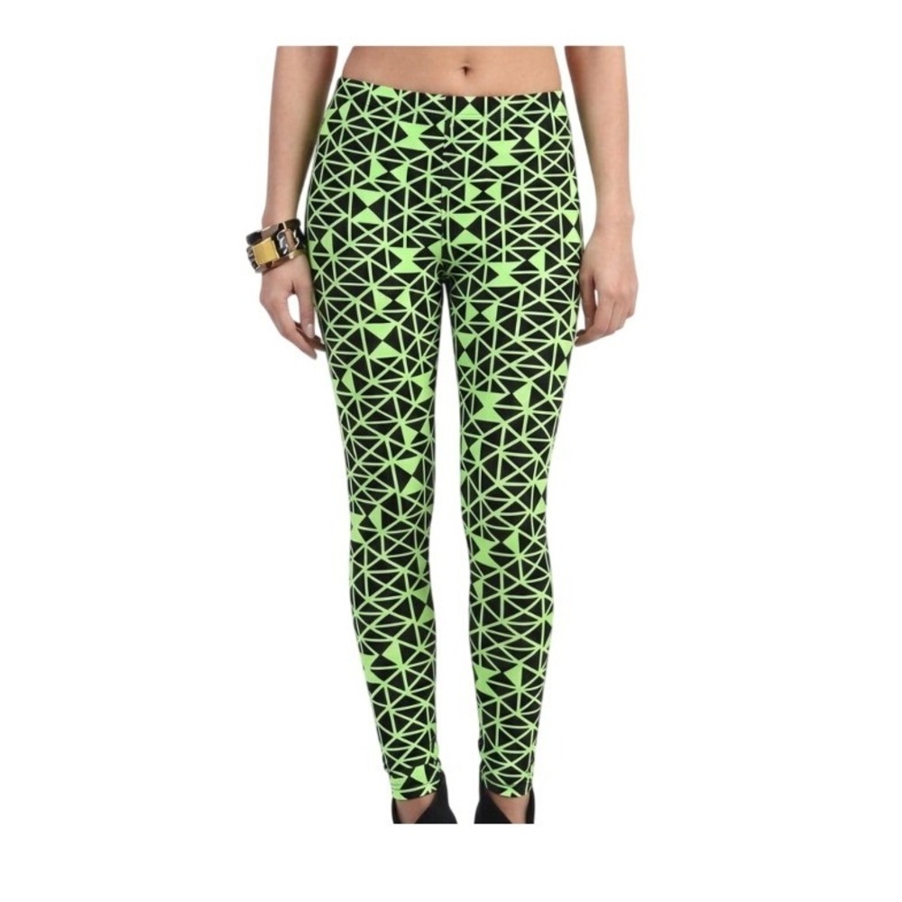 Nollia Seamless Leggings Neon Green Black Geometric Shape Pattern Stretch S/M‎